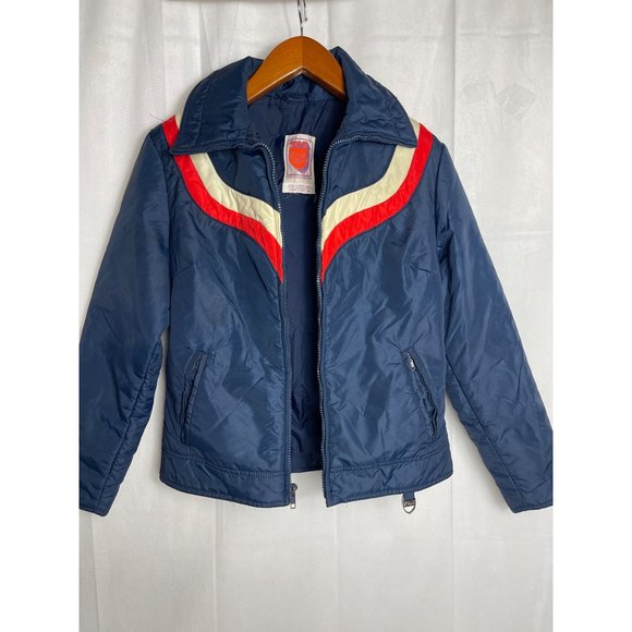 Vintage Ski Jacket Womens S/M SKYR 70s Retro Puffer Navy Blue Red White Stripe - Picture 7 of 12